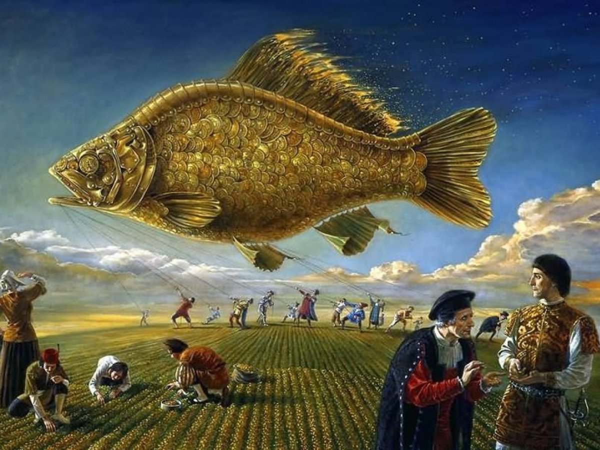 Золотая рыбка великие. Восход золотой рыбы, художник Michael cheval surrealistic.